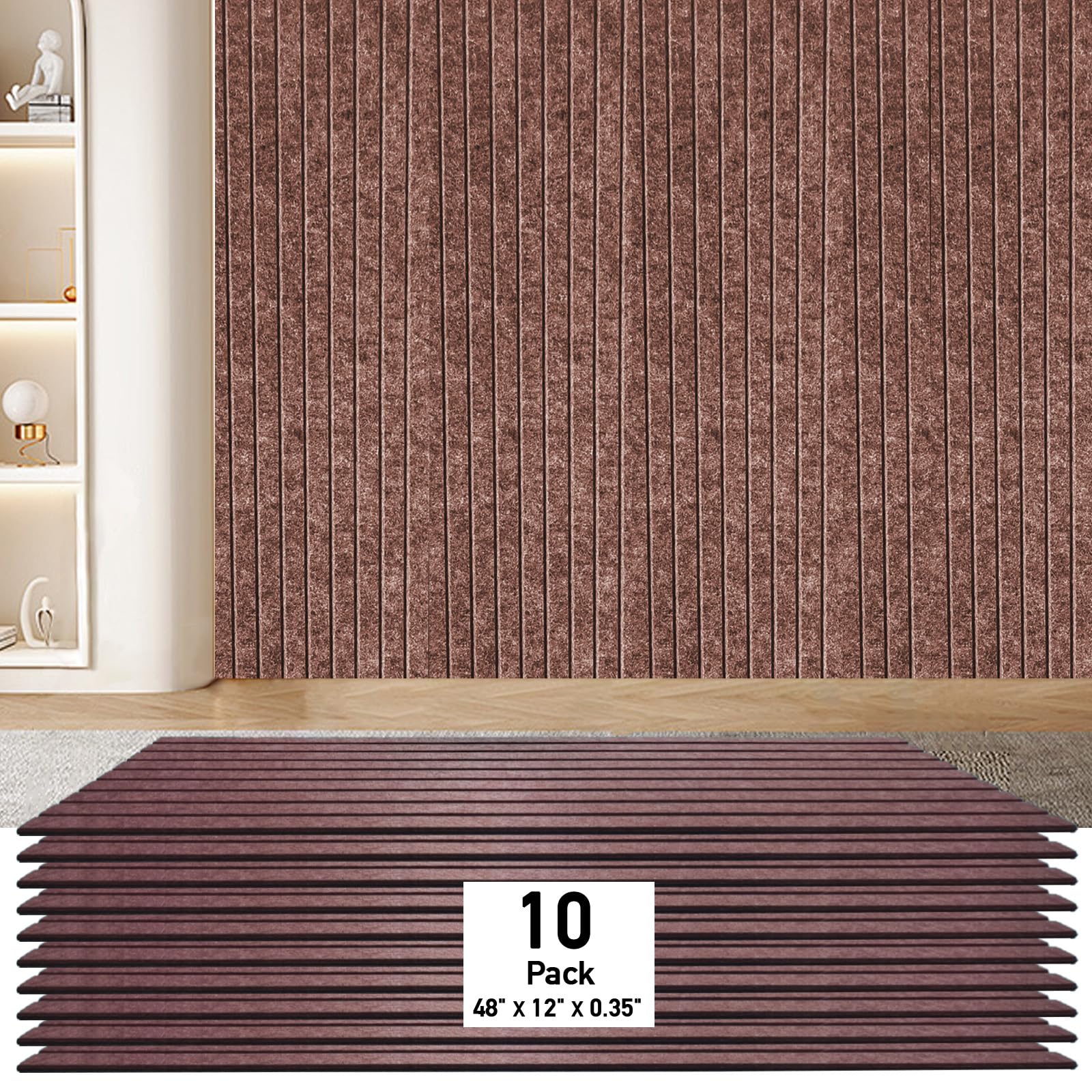 Photo 1 of 10 Pack Acoustic Panels,48" X 12" X 0.35" Sound Proof Panels for Walls,Self Adhesive Sound Dampening Panels for Office,Home Theater,Studio,Recording Studio (Coffee)