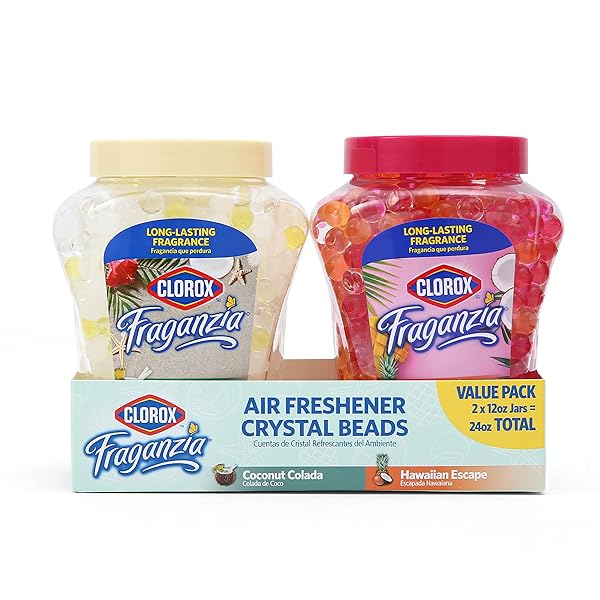 CLOROX FRAGANZIA AIR FRESHENER CRYSTAL BEADS DOUBLE PACK, COCONUT COLADA, HAWAIIAN ESCAPE 12OZ JARS | VENTED JAR AIR SCENT BEADS FOR HOMES, BATHROOMS, CLOSETS, OR OFFICE