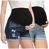 CFRTMTBB Maternity Denim Shorts High Waist Distressed Cuffed Hem Stretchy Comfy Jeans Short Pants Casual Pregnancy Shorts