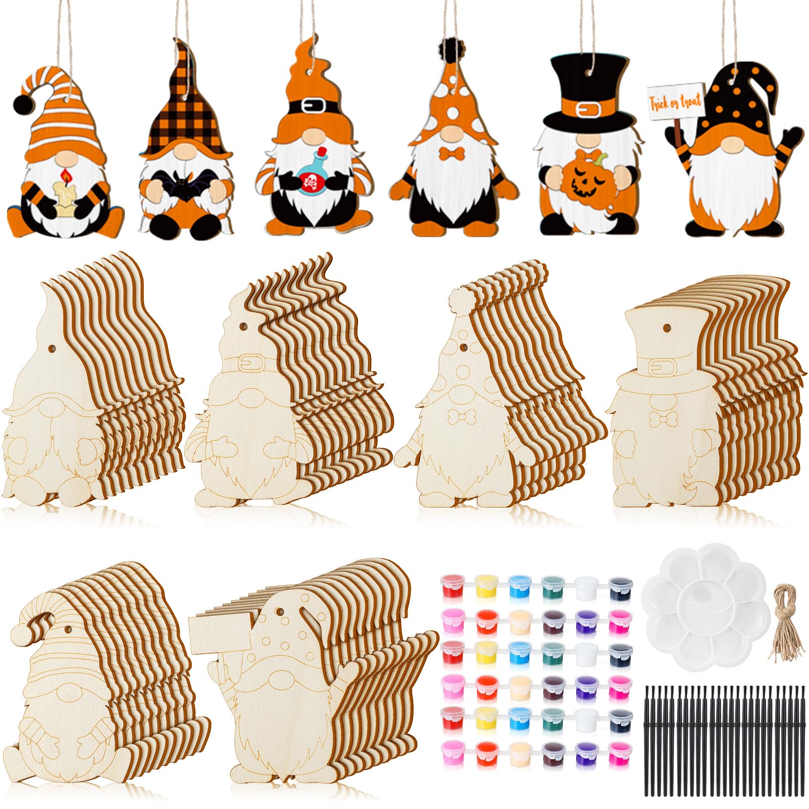 Photo 1 of Gerrii 60 Sets Fall Wooden Craft Kits Halloween Thanksgiving Unfinished Gnome Cutouts Slices with Rope Paint Your Own Wooden Gnome Hanging Ornaments for Home Decor
