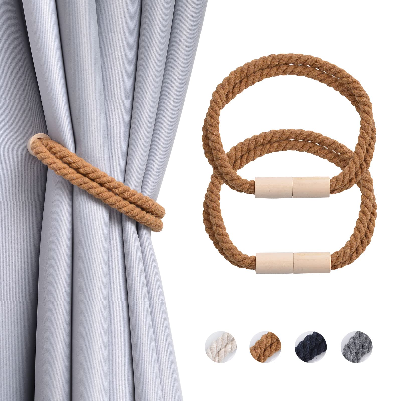 Pretty Jolly 2 Pack Wooden Magnetic Curtain Tiebacks Boho Decoration Drape Tie Backs Natural Cotton Handmade Double Rope Curtain Holdbacks for Thin or Thick Home & Office Window Drapery (New Coffee)