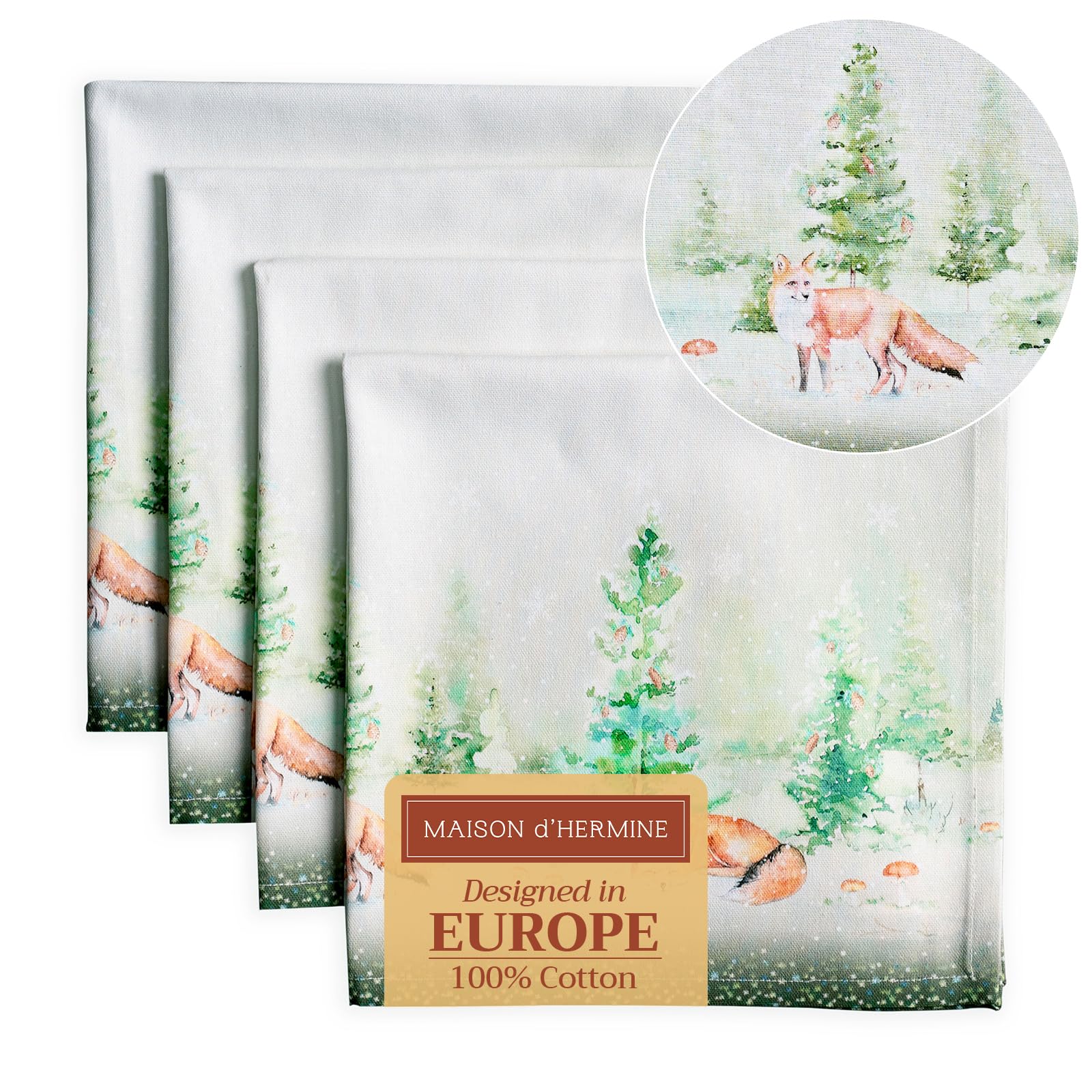 Maison d' Hermine Cloth Napkins Set of 4 100% Cotton for Christmas Decorations Everyday Reusable Square Autumn Napkins Cloth Washable Dinner Party Wedding (Winter Mornings, 45 CM x 45 CM)