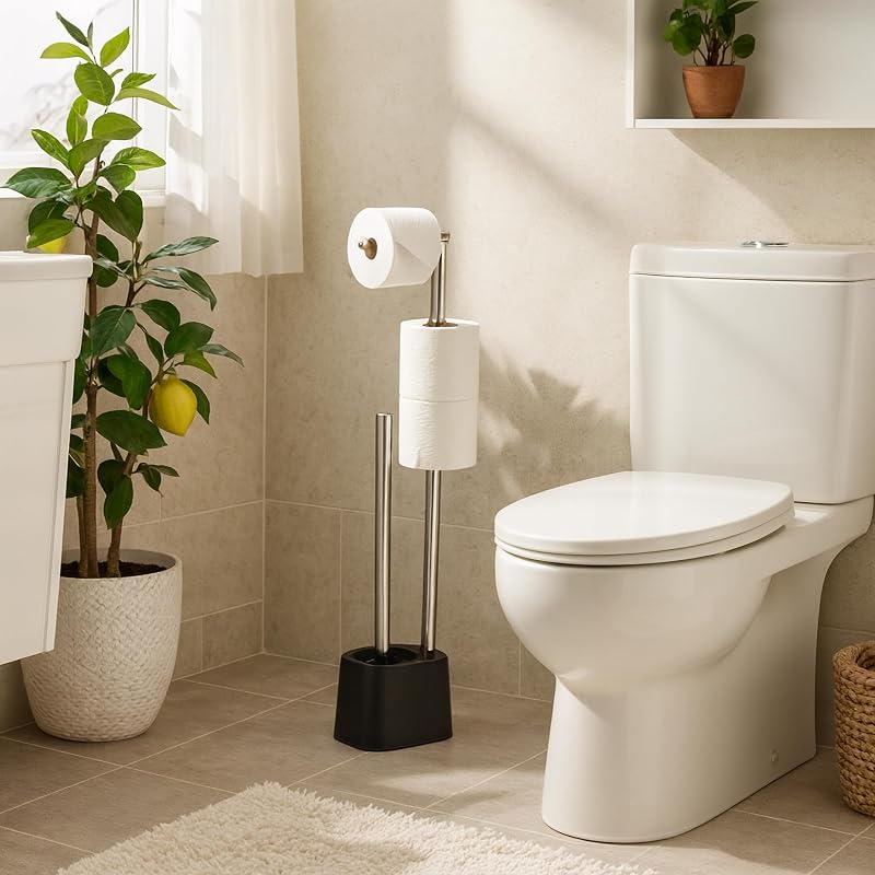 Juego de baño Relaxdays, Acero Inoxidable, 65,5 x 13 x 16 cm, Soporte de Papel higiénico con escobilla, Negro/Blanco