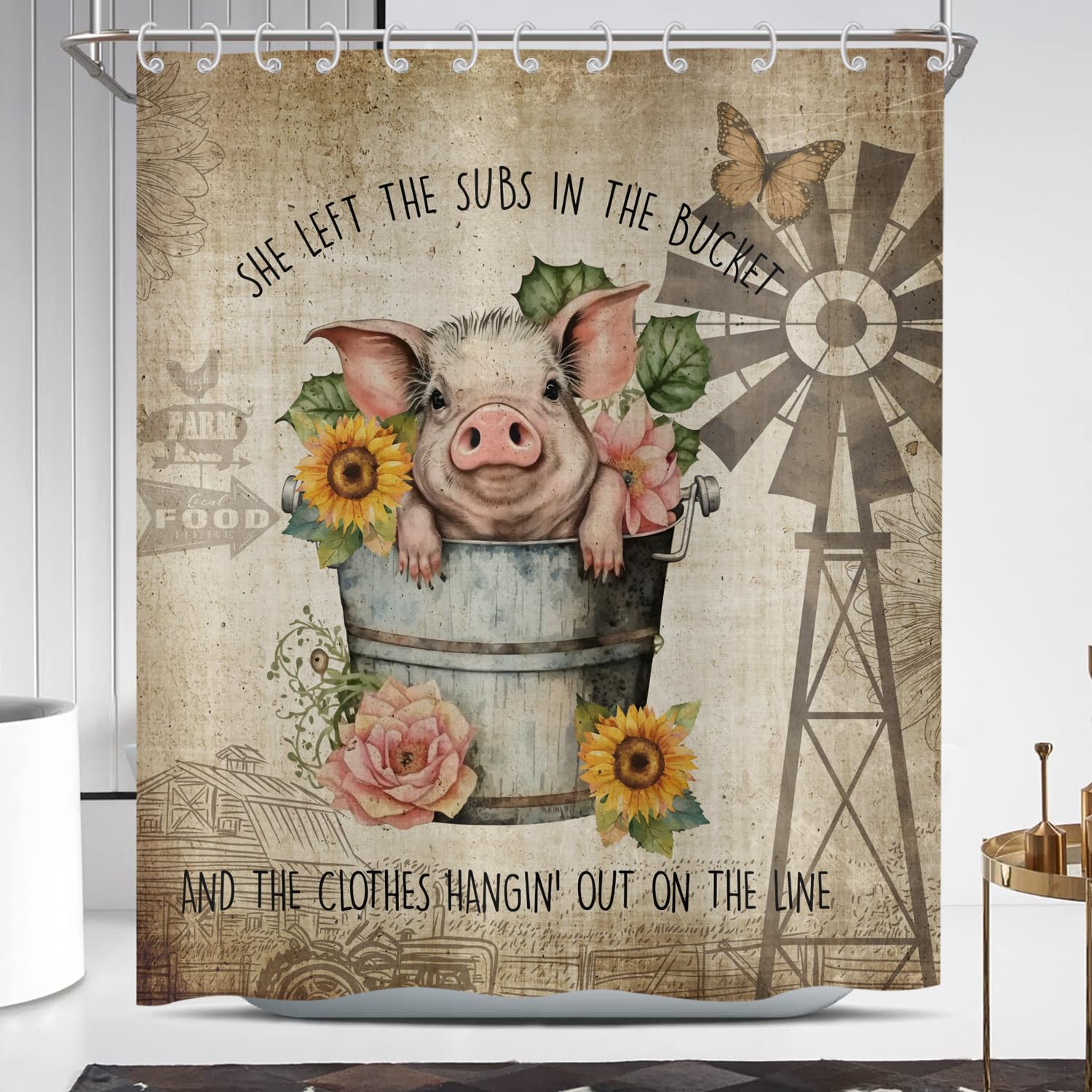 ASDCXZ Funny Shower Curtain 180x200 cm, Vintage Funny Rose Pig Flowers Sunflower Butterfly Bath Washable Shower Curtains Polyester Textile Waterproof Bath Curtain for Bathtub with 12 Hooks — image 1