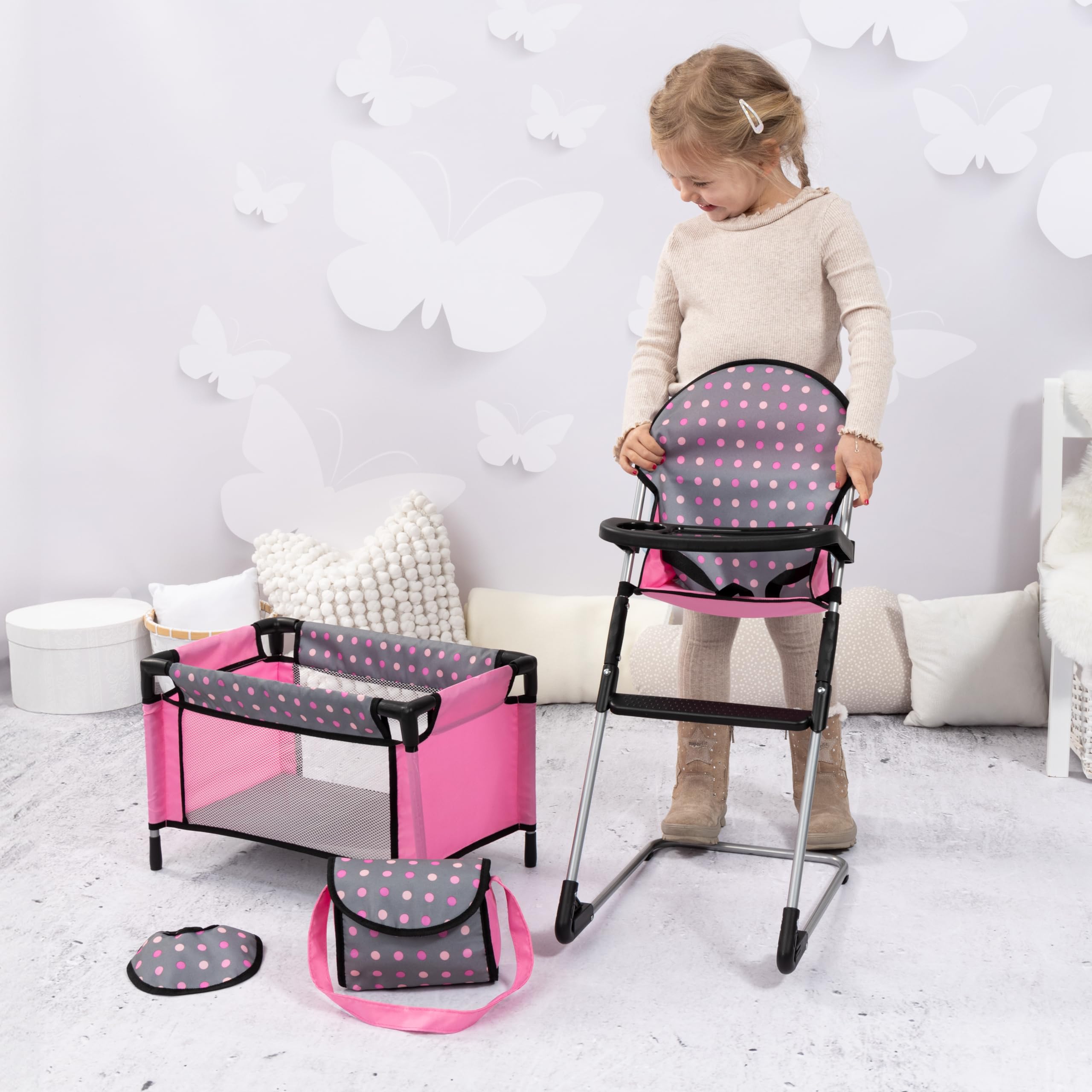 Bayer Doll High Chair/Crib Set, Grey, Pink with Dots