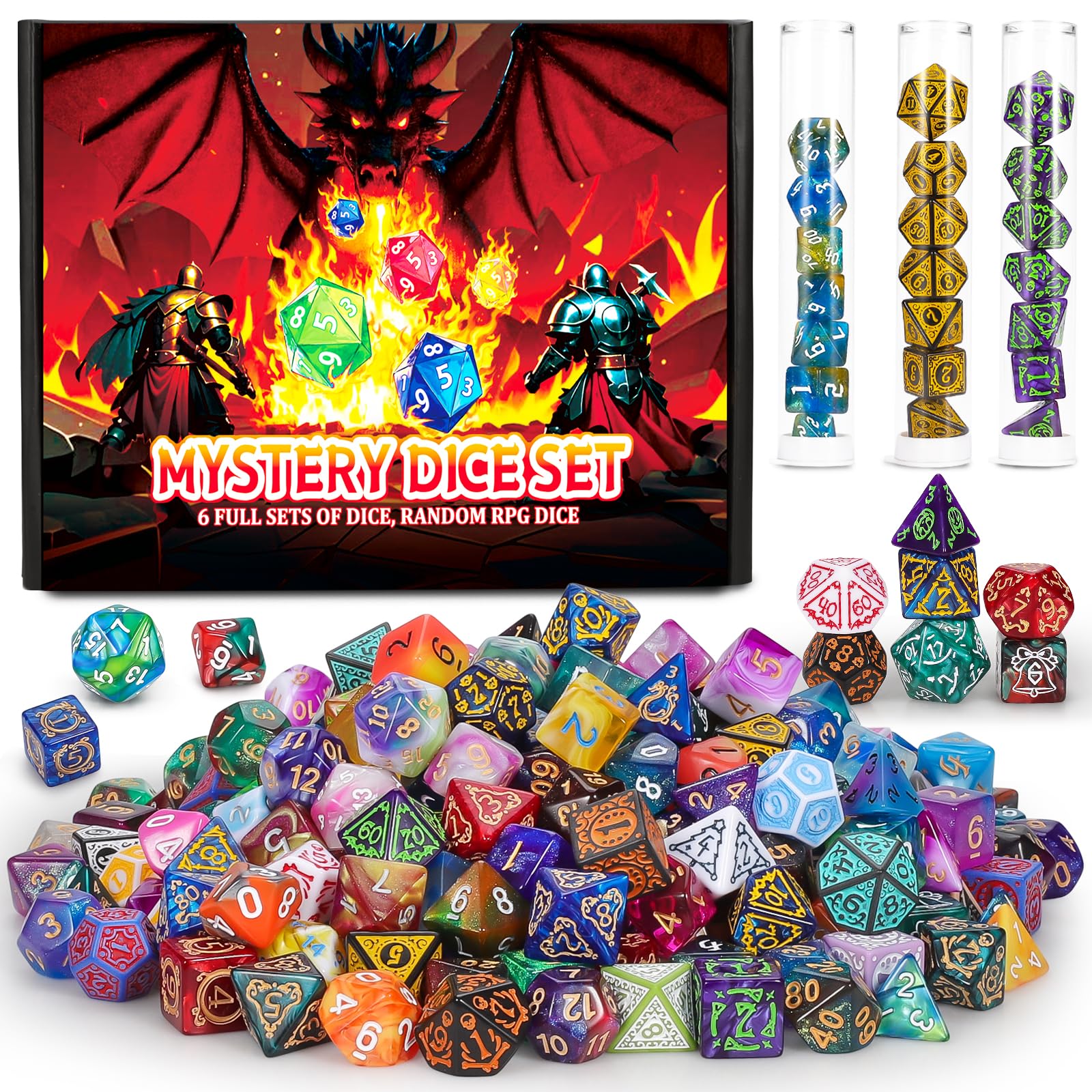 QMAY Mystery Dice, 6 Polyhedral Dice Set Random Style, For Dungeon and Dragons MTG Table Games RPG DND D20 D12 D10 D% D8 D6 D4