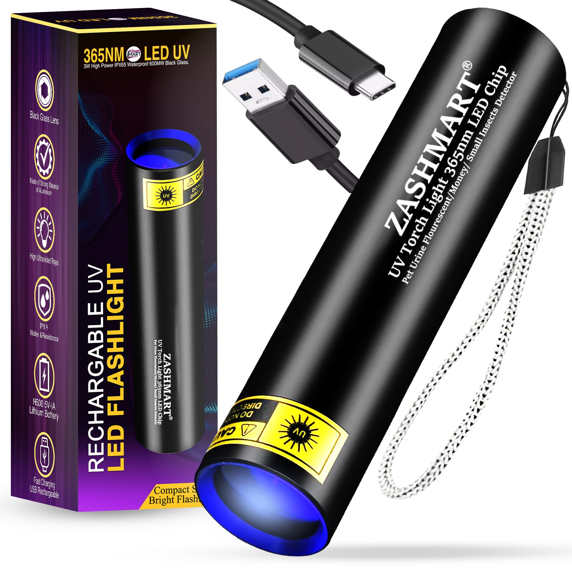 ZASHMART UV Torch 365nm| Rechargeable Ultraviolet UV for Pet Urine Detection | Mini Black Light Money Detector | 3W USB Rechargeable Flashlight| Super Bright Torch for Outdoor Indoor Use.