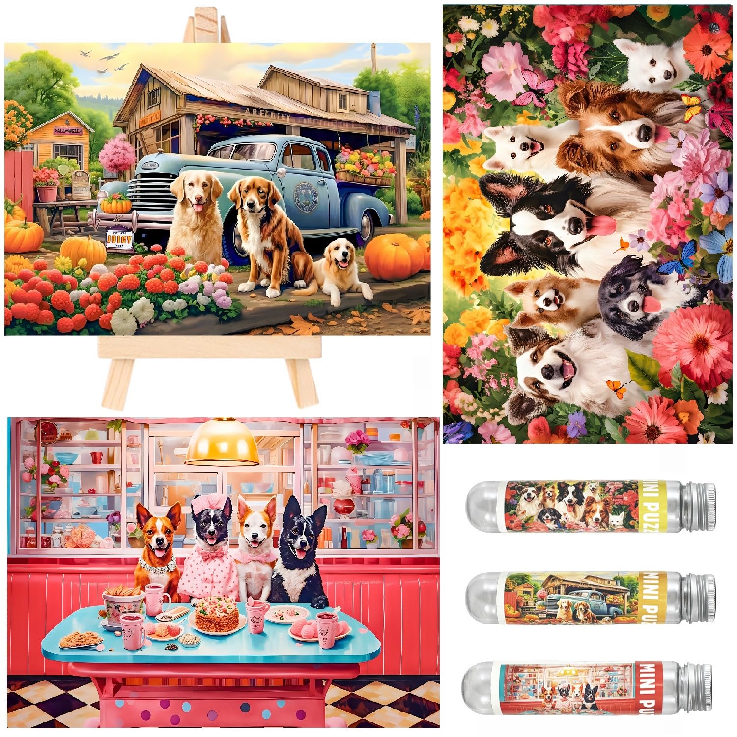 Photo 1 of Small Jigsaw Puzzles for Adults 150 Pieces Vintage Cute Puppy Mini Jigsaw Puzzles Oil Painting Challenging 6 x 4 Inches,3 Pcs,Mini Easel Included