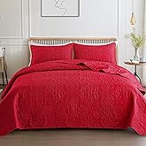 Whale Flotilla Soft King Quilt Bedding Set for All Seasons, Elegant Vintage Damask Ultrasonic Quilts Set, Lightweight Reversible Bedspread, Coverlet, Bed Cover with 2 Pillow Shams, Red