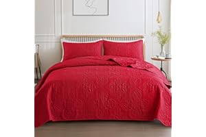 Whale Flotilla Soft King Quilt Bedding Set for All Seasons, Elegant Vintage Damask Ultrasonic Quilts Set, Lightweight Reversible Bedspread, Coverlet, Bed Cover with 2 Pillow Shams, Red