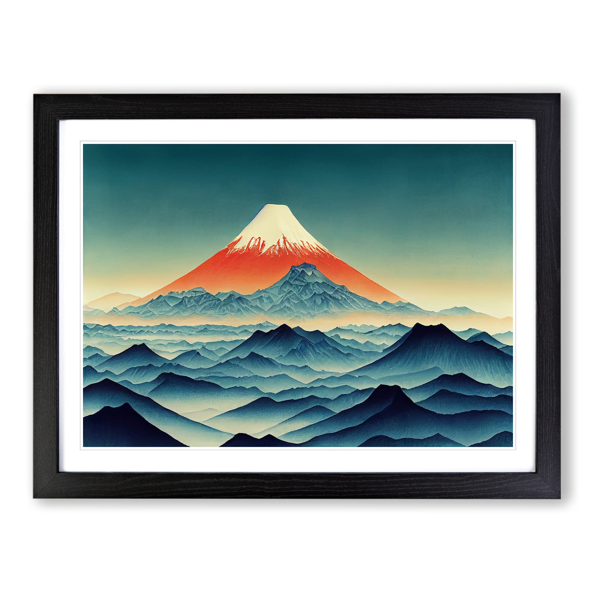Illuminated Japanese Mountains Framed Print | A3 Black Framed Wall Art | Ready to Hang | Asian Landscape Picture | Living Room Bedroom Lounge Office