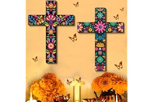 Pinkunn 2 Pcs Floral Cross Wall Decor Large Mexican Cross Decor 15.75 x 21.26 Inch Spanish Style Wall Crosses for Home Decor Mexican Art Wall Decor Day of The Dead Cross for Home Room Church Decor