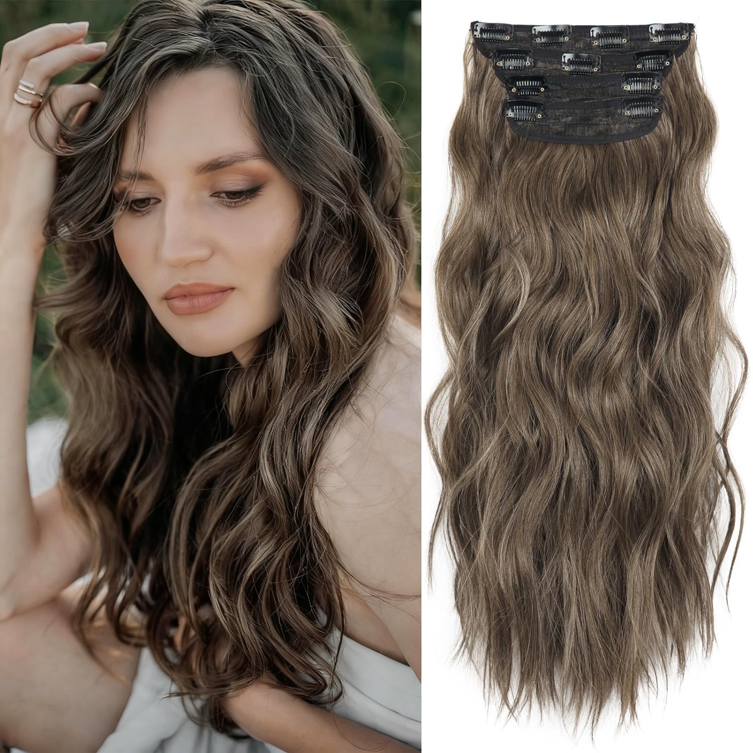 Photo 1 of LEEONS 20 inch Synthetic Hair Extensions Long Wavy Double Weft Hair Extensions for Women(Medium Brown Mixed Ash Grey)