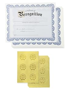 Certificate of Recognition and Gold Foil Seal Stickers (Blue, 8.5 x 11 in, 48-Pack)