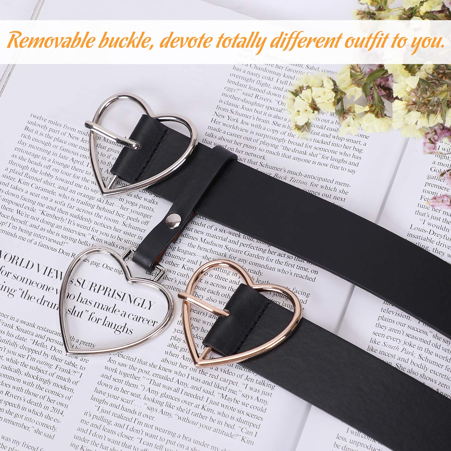 Heart-shaped Wide Black Belt with Metal Buckle for Women Girls Students Shorts Jeans Ladies Dress