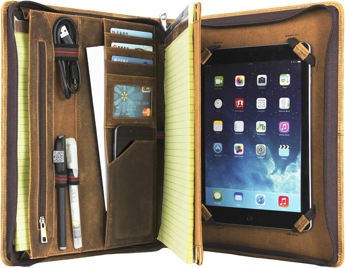 Cohokori Handmade Vintage Genuine Leather Portfolio Case Zipped,iPad Pro 12.9 2018 3rd Gen Portfolio Case,Business Padfolio,A4 Conference Folder with iPad Holder,Brown,Crazy Horse Leather
