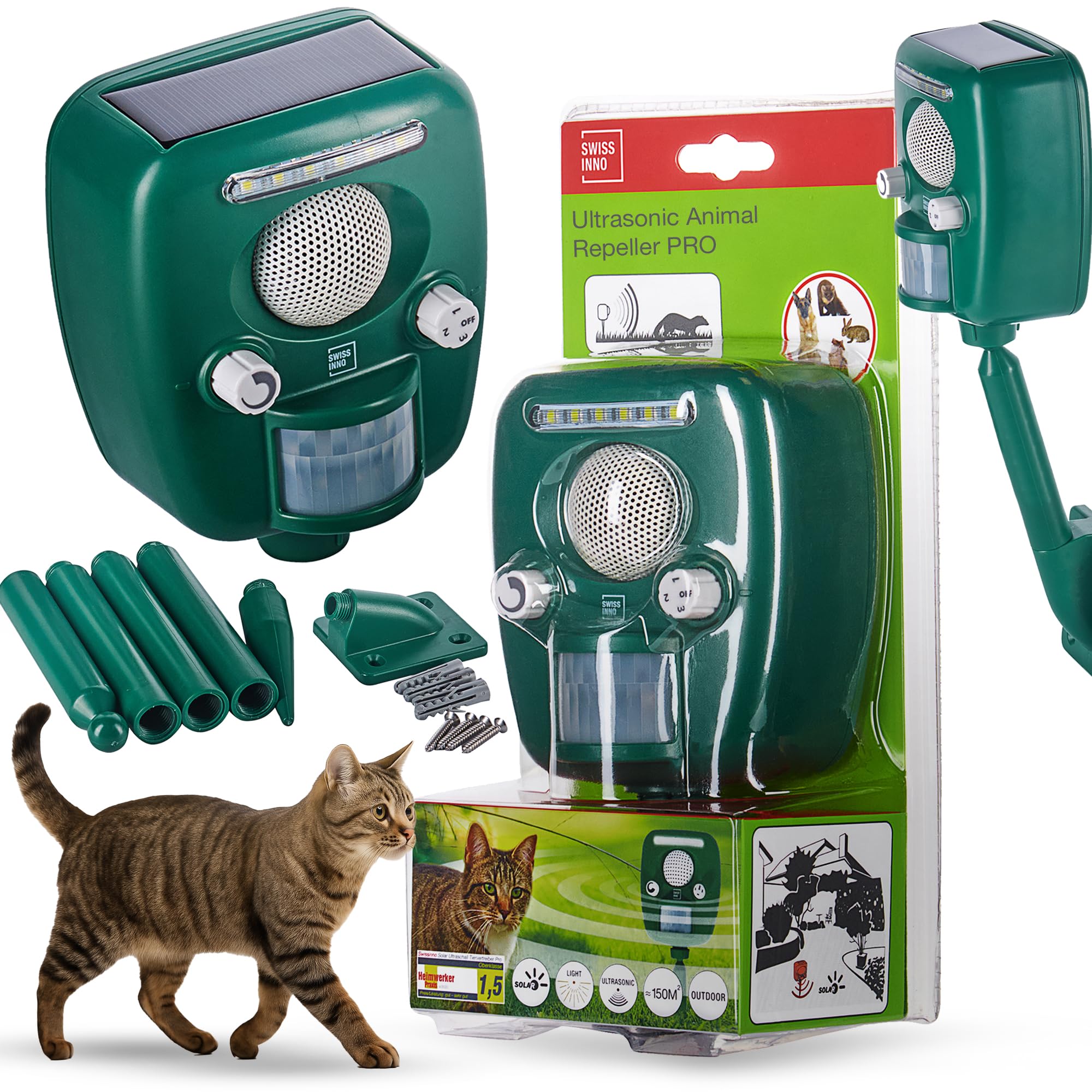 SWISSINNO Ultrasonic Animal Repeller PRO – Repels Cats Dogs Martens Foxes Birds – LED Flash + Siren – Solar Powered – 150 m² Coverage – Outdoor Day & Night — image 1