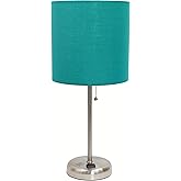 Simple Designs LT2024-TEL Brushed Steel Stick Table Desk Lamp with Charging Outlet and Drum Fabric Shade, Teal