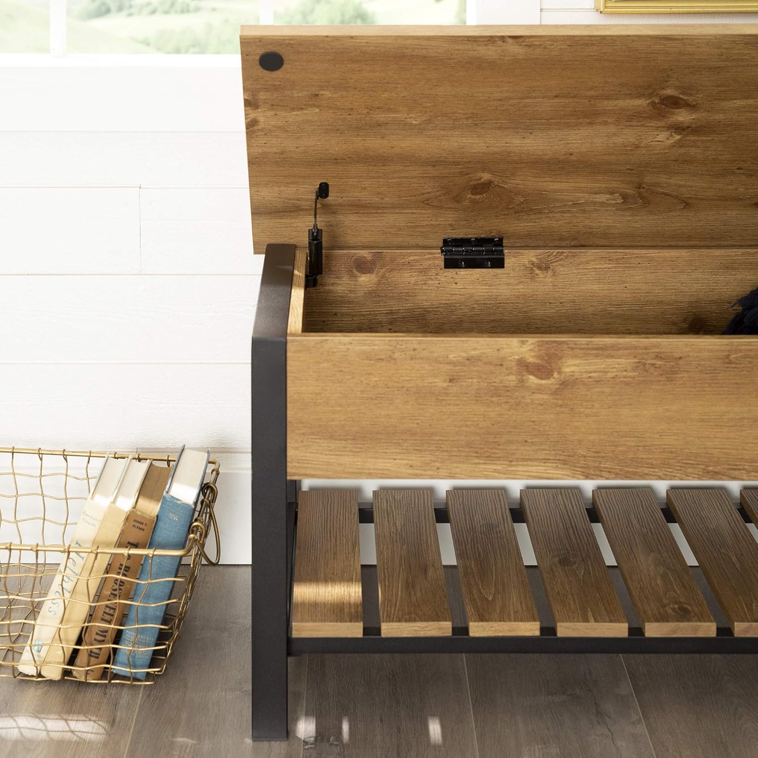 Walker Edison Furniture Company Modern Farmhouse Bench Hidden Entryway Shoe Storage Hallway Organizer, 48 Inch, Barnwood Brown: Kitchen & Dining