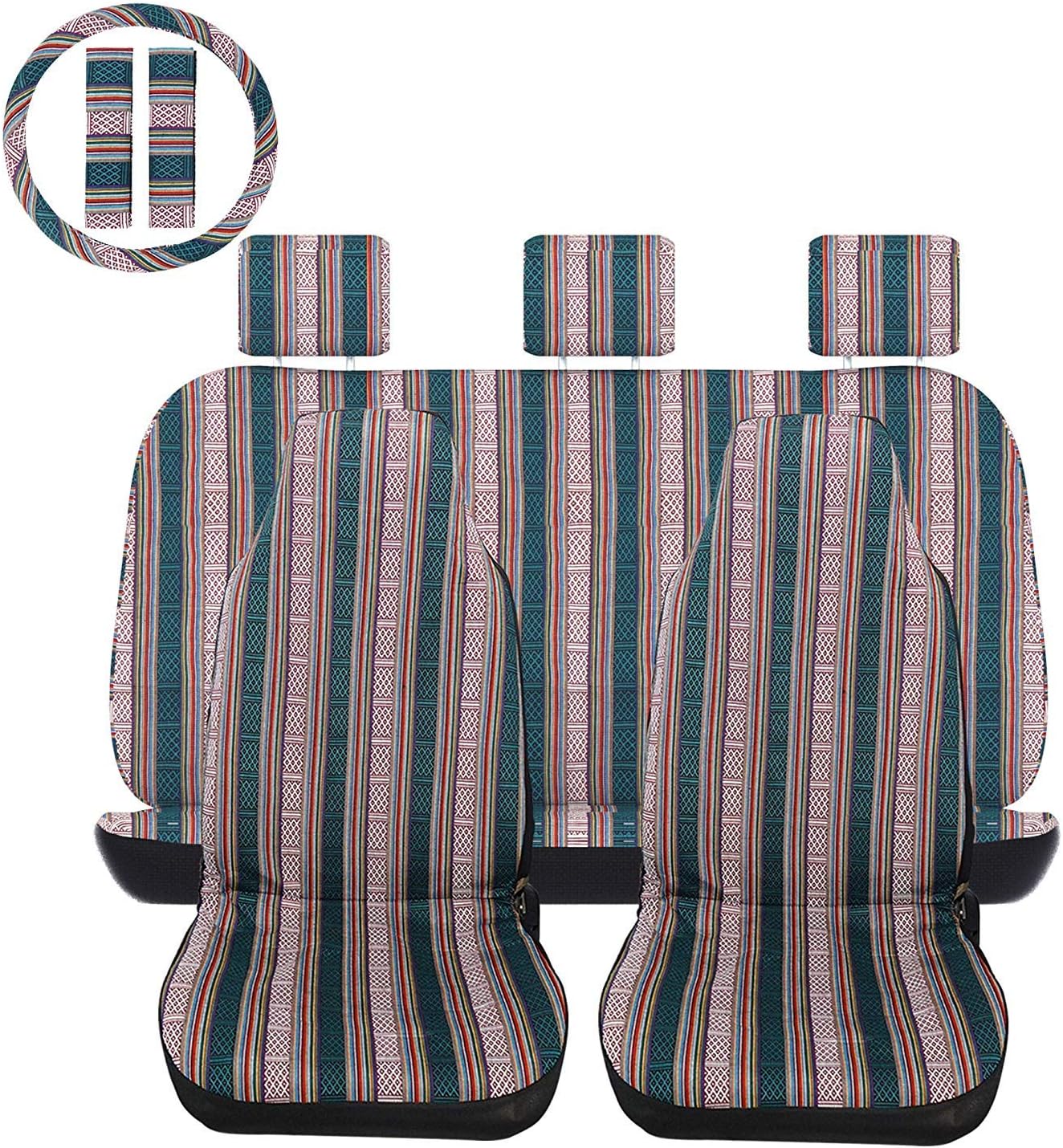 Amazon カーシートカバー エスニックスタイル バケットタイプ 車シートカバー ベンチシート おしゃれ フロント座席 リア座席適用 軽自動車 普通車用 マルチカラー グリーン 車 バイク 車 バイク
