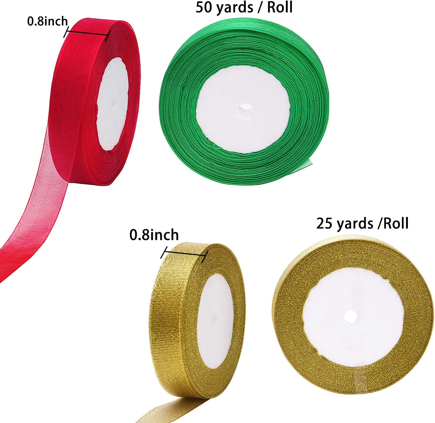 Livder 4 Rolls 4/5 Inch in Width Christmas Metallic Glitter Organza Ribbons Golden, Silvery, Red, Green Ribbon for Gift Wrapping, Christmas Tree Room Decoration: Arts, Crafts & Sewing