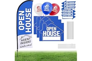 DOCREATE 54 Pcs Open House Signs Set, 1pc Open House Flag with Pole Kit, 9 Pack Open House Signs for Real Estate, Directional Yard Signs with Stakes and 24 Balloons for Estate Agents Supplies (Blue)