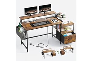 Bepatio 57" Gaming Desk with Storage & Power Outlets,Reversible Computer Desk with Monitor Stand & Drawer, Modern Office Desk