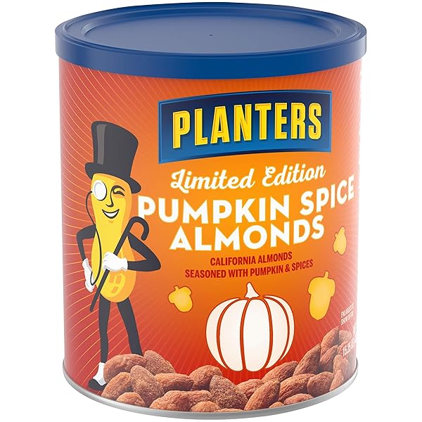 PLANTERS FALL EDITION PUMPKIN SPICE ALMONDS, PUMPKIN SPICE SNACKS, COOKING & BAKING NUTS & SEEDS, FLAVORED ALMONDS, SEASONAL NUTS, FALL PARTY SNACKS, PLANT-BASED PROTEIN, 15.25 OZ CANISTER