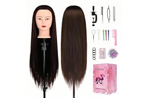 AOFADANING 28" Mannequin Head With Hair Cosmetology Manikin Practice Braiding Doll Head For Hair Styling Training Head For Braiding Hairdressing With Free Wig Head Stand Hair Styling Tools Set (Dark brown)