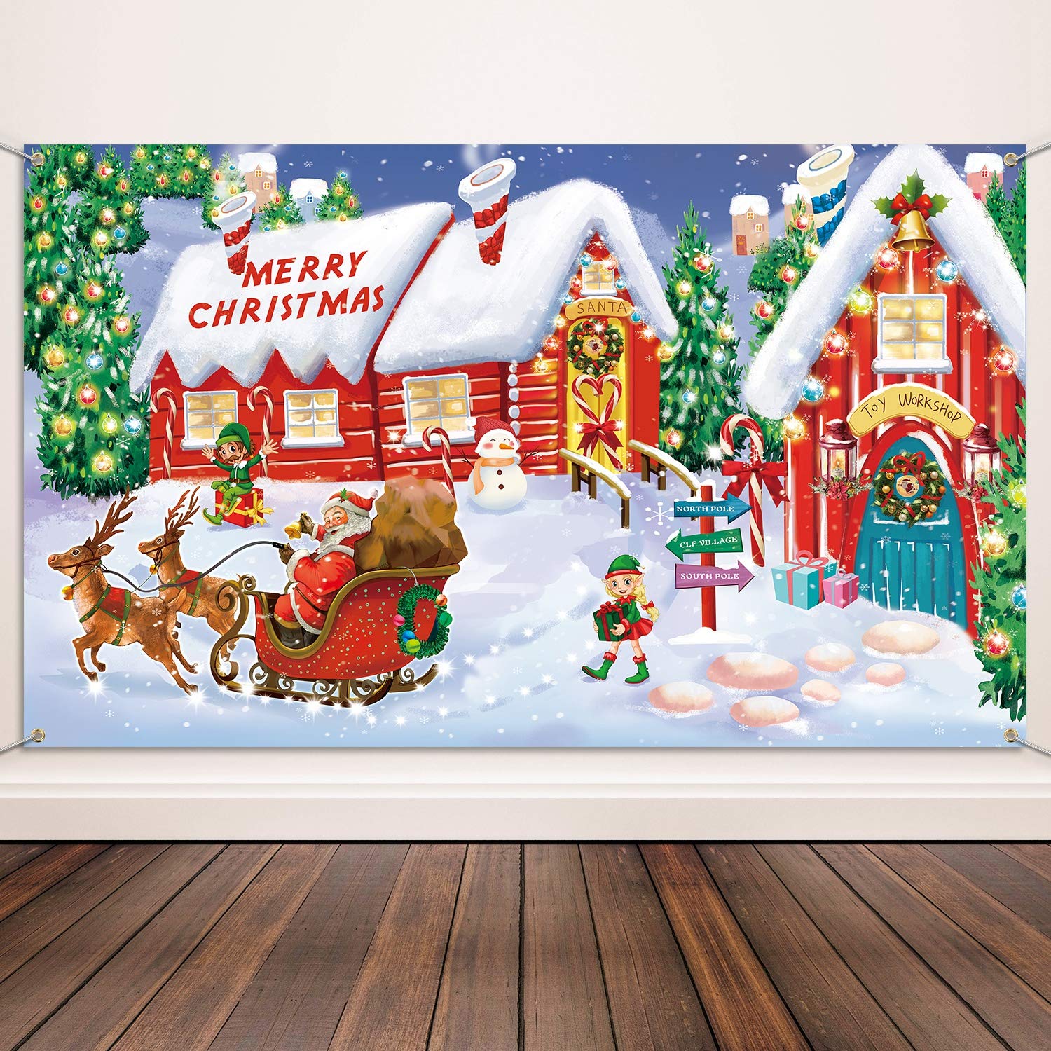 Blulu Christmas Wall Scene Santa Backdrop Extra Large Fabric Door Cover Decor Christmas Banner North Pole Village Setters Photo Booth Background for Holiday Decoration Supplies
