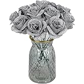 Rzoukler 30PCS Silver Roses Artificial Flowers Fake Glitter Roses Silk Flower for DIY Crafts Wedding Bouquet Party Home Decor(Silver)