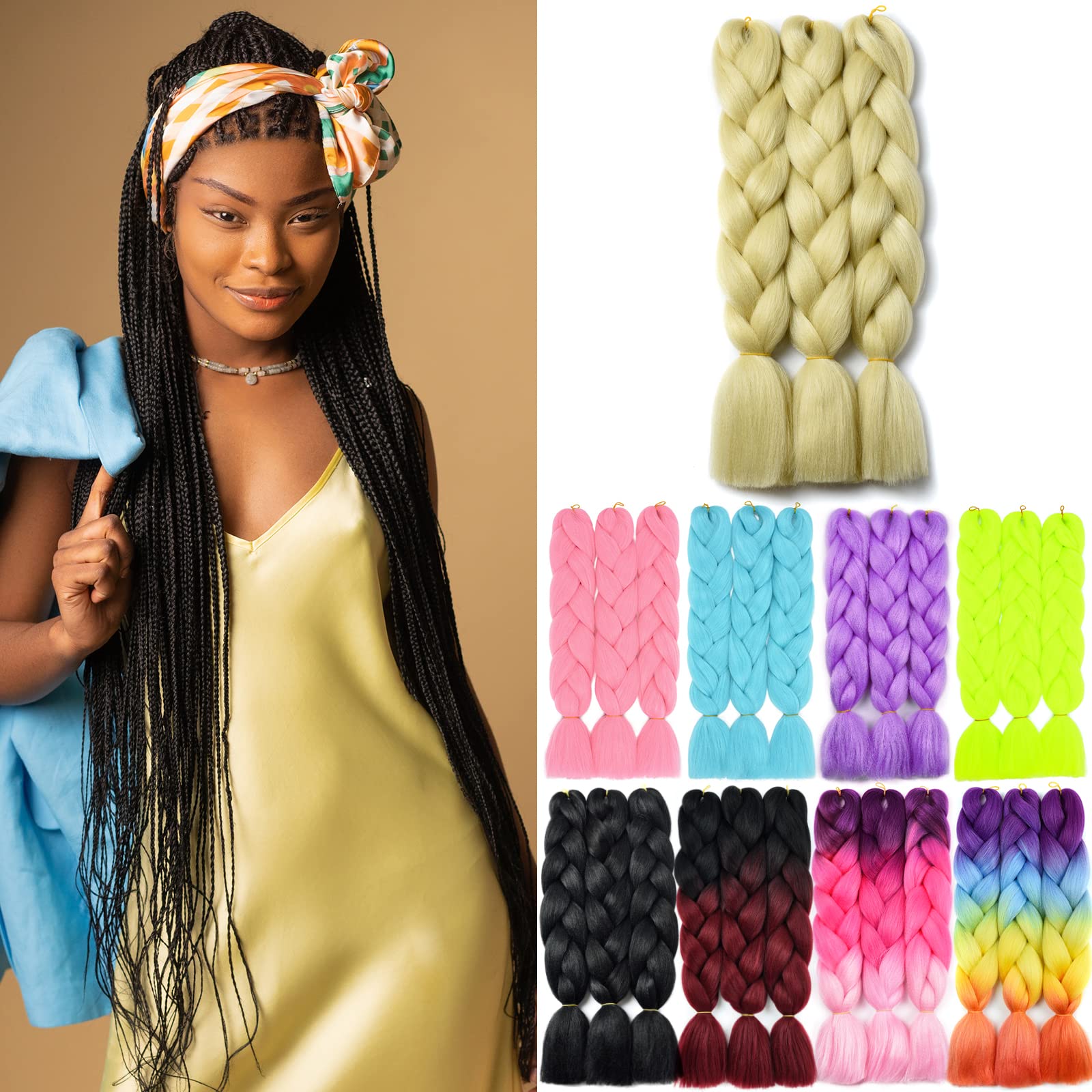 YAMEL Braiding Hair Extension, Kanekalon Braiding Hair for Braiding Crochet Twist Box Braids Hair 24 Inch 3 Piece Natural Blonde Jumbo Braiding Hair — image 1