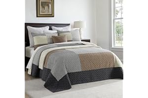 FineStichery Oversized Quilt Bedspread 128"x120", 100% Cotton Patchwork Cal King Bedspreads Coverlet Set with Pillow Shams, Lightweight Quilted Farmhouse Bedding Cover, Brown/Beige/Gray
