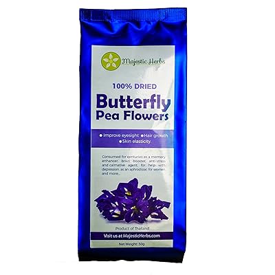 Butterfly Pea Flowers (Clitoria ternatea) by Majestic Herbs | 100% Organic/Pesticide Free | Highest Quality | Carefully Selected Dried Asian Pigeonwings Flowers Blue Tea From Northern Thailand | 50g