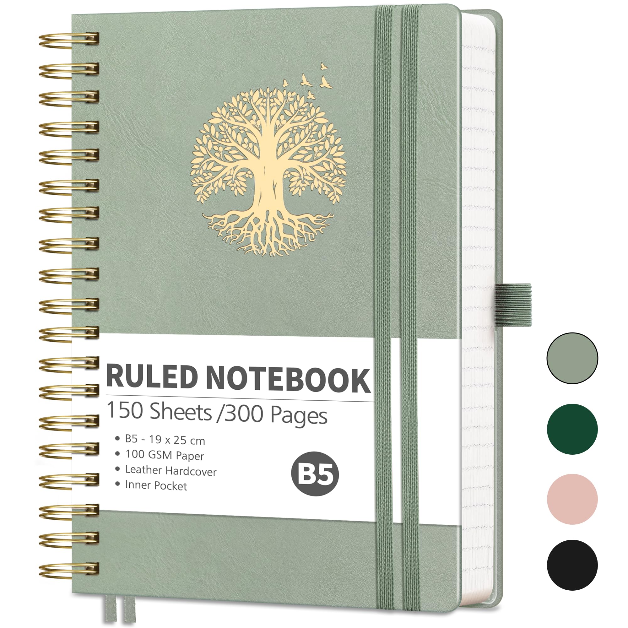 RETTACY Lined Journal Notebook-300 Pages B5 Note Book Hardback, Notepad,Thick Spiral Bound Journals for Women Men,100gsm,Sticky Notes,19 x 25 cm - LightGreen