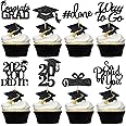 Graduation Cupcake Toppers 2025 Graduation Decorations Class of 2025 Cupcake Picks Congrats 2025 Cupcake Toppers Grad Party Decorations 2025 (Black Glitter 40Pcs)