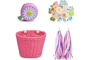 BEVOVBE Kid's Bike Basket for Girls Front Bike Accessories Small Woven Wicker Cruiser Bicycle Basket with Handlebar Streamers Bell Boys16 Bike Girls Cycling Ages 3-13