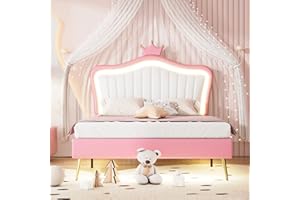 Harper & Bright Designs Full Size Princess Bed with Crown Headboard and LED Lights, PU Upholstered Full Platform Bed with Adjustable Headboard, Kids Full Size Bed Frame for Boys Girls (White+Pink)