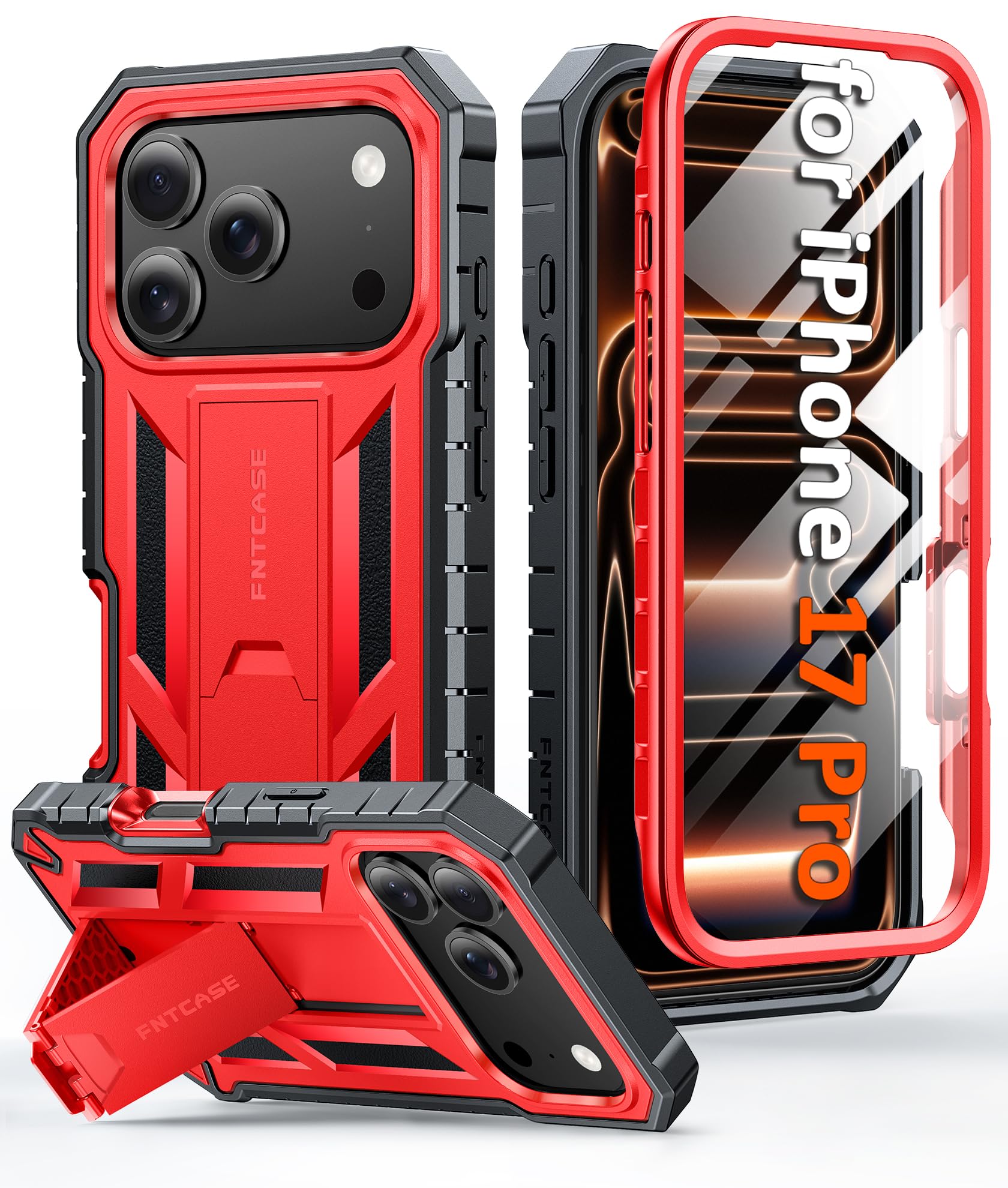 Photo 1 of FNTCASE for iPhone 17 Pro Case: Military Grade Drop Proof Protection Mobile Cover with Kickstand | Matte Textured Rugged Shockproof TPU | Protective Sturdy iPhone 17 Pro Phone Cases - Red