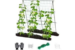 Lalahoni Cucumber Trellis, 4ft x 4ft Metal A-Frame Garden Trellis Climbing Plant Outdoor Support Fruit Grape Vine Vegetable Tomato Pea Bean Cucumber Trellis Raised Bed, with Netting, Green