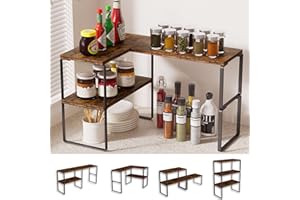 Golener Countertop Organizer Corner Shelf, 2-Tier Adjustable Stackable Corner Shelves for Kitchen, Spice Rack, Coffee Area, Over Sink, Bathroom, Dresser Table, Corner Counter Shelf Stand, Rustic Brown