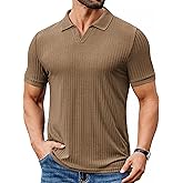 COOFANDY Men's Ribbed Polo Shirts Short Sleeve V Neck Slim Fit Polo T-Shirt Casual Summer Collared Golf Shirt