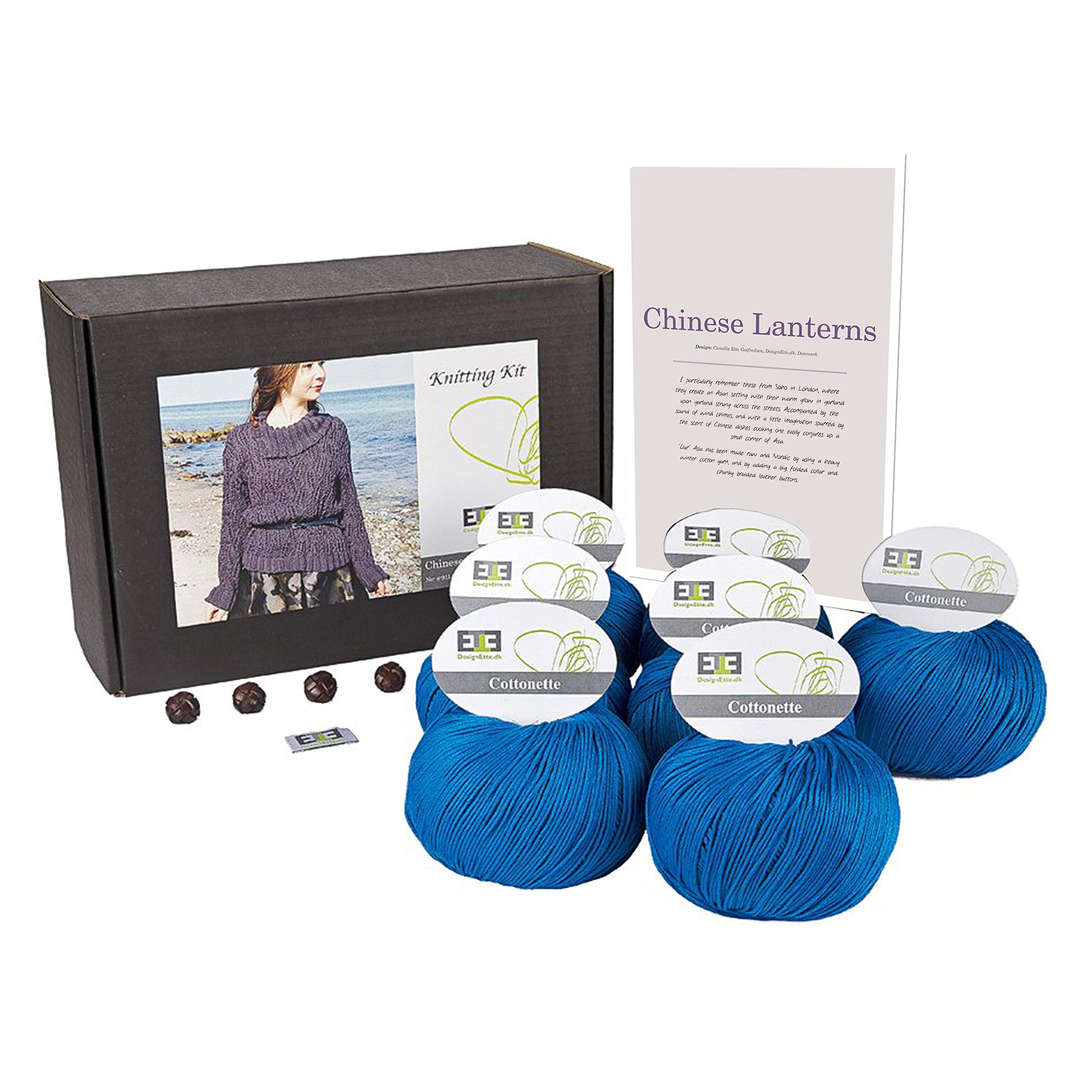 DesignEtte Jumper Chinese Lanterns Knitting Kit 100 Percent Egyptian Cotton Wool Yarn Bowls and Pattern Pack Box 100g≈205m/5ply, Clear Blue 16, Extra-Small
