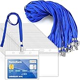 30Pcs Lanyards for Id Badges and 30 Pcs Clear Plastic Horizontal Name Badge ID Card Holders, Neck Lanyards with Metal Clip Waterproof Resealable Name Tag Badge ID Card Holders, Blue