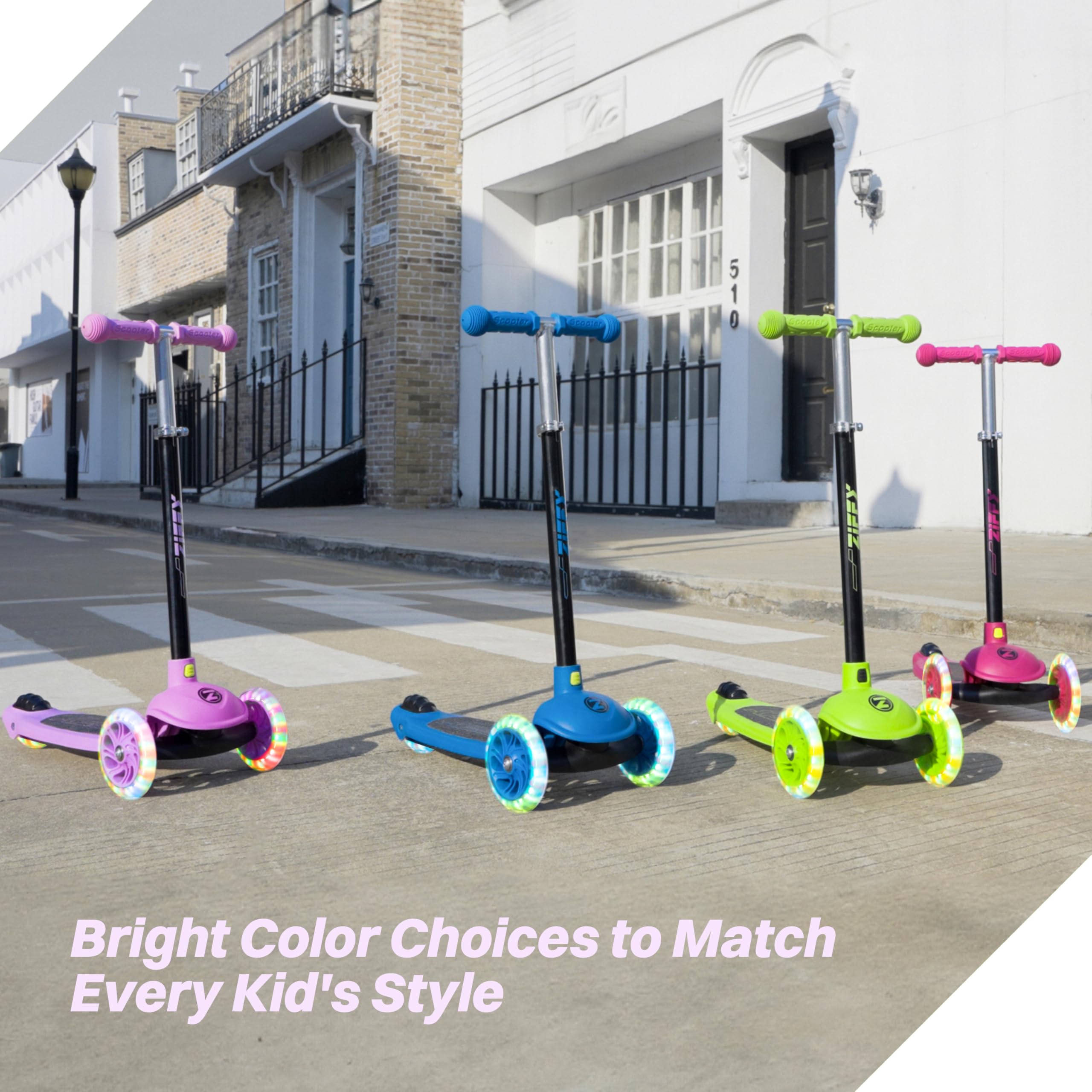 ZIFFY 3-Rad-Kinderroller 3–5 Jahre – Blau/Grün/Pink/Violett – LED-Leuchträder, Neigelenkung, Hinterradbremse – Höhenverstellbarer Lenker 44–61 cm – 1,8 kg, schnell zerlegbar 8