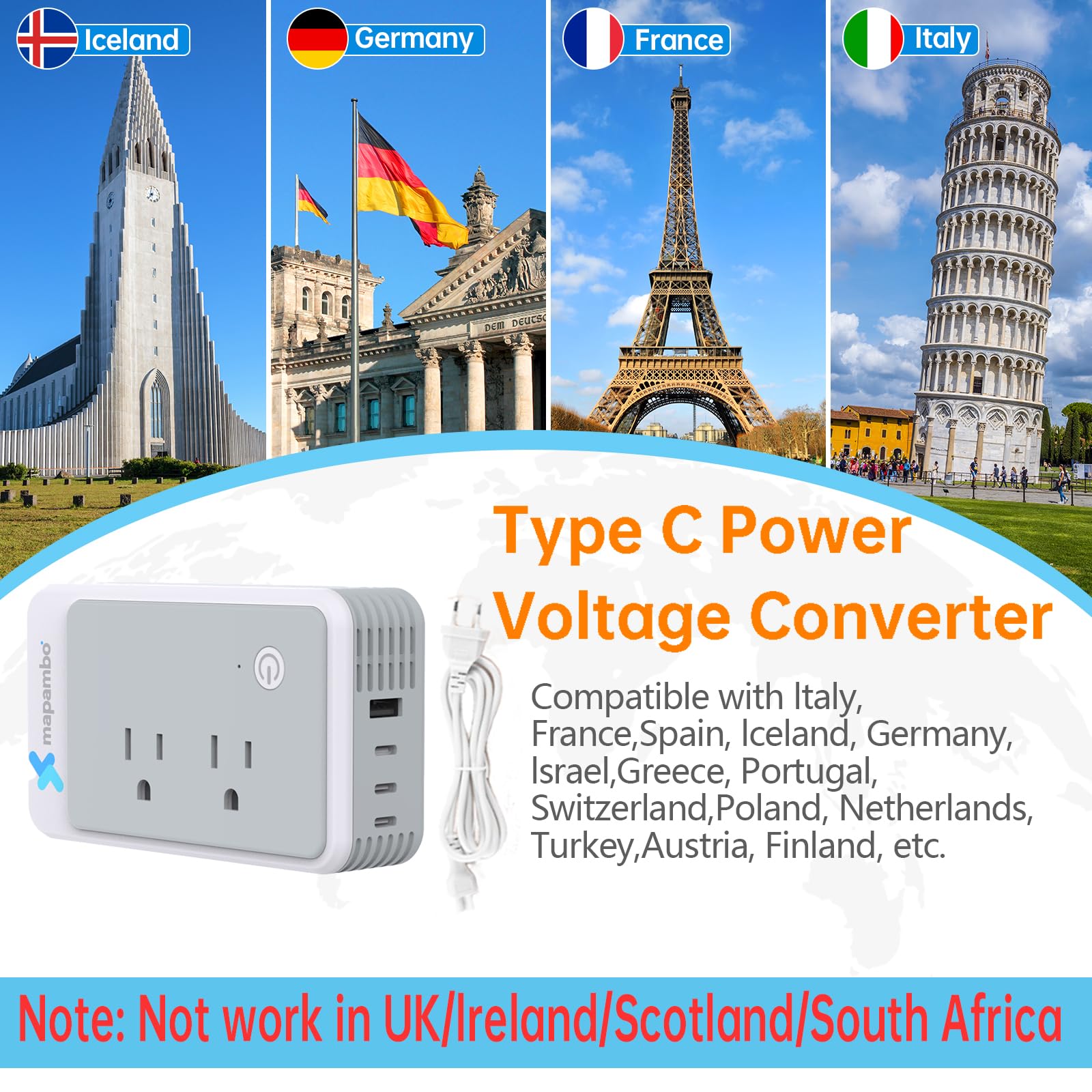 Mapambo Upgraded 300W 2220V to 110V Voltage Converter Us to Europe Converter for European Travel Plug Adapter Power Converter Adapter Combo with 1 USB A and 3 USB C for Hair Straightener Curling
