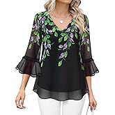 Bebonnie Womens Dressy Casual Tops Ruffle 3/4 Sleeve V Neck Floral Chiffon Blouses