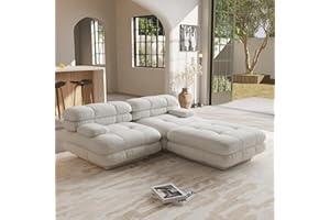 JACH Love Seat Sectional Couch, Double Layer Deep Seat Couches, 73'' Minimalist Teddy Velvet Sleeper Sectional Sofas with Ottoman, Mid-Century Modular Sofa for Living Room, Apartment (Beige)