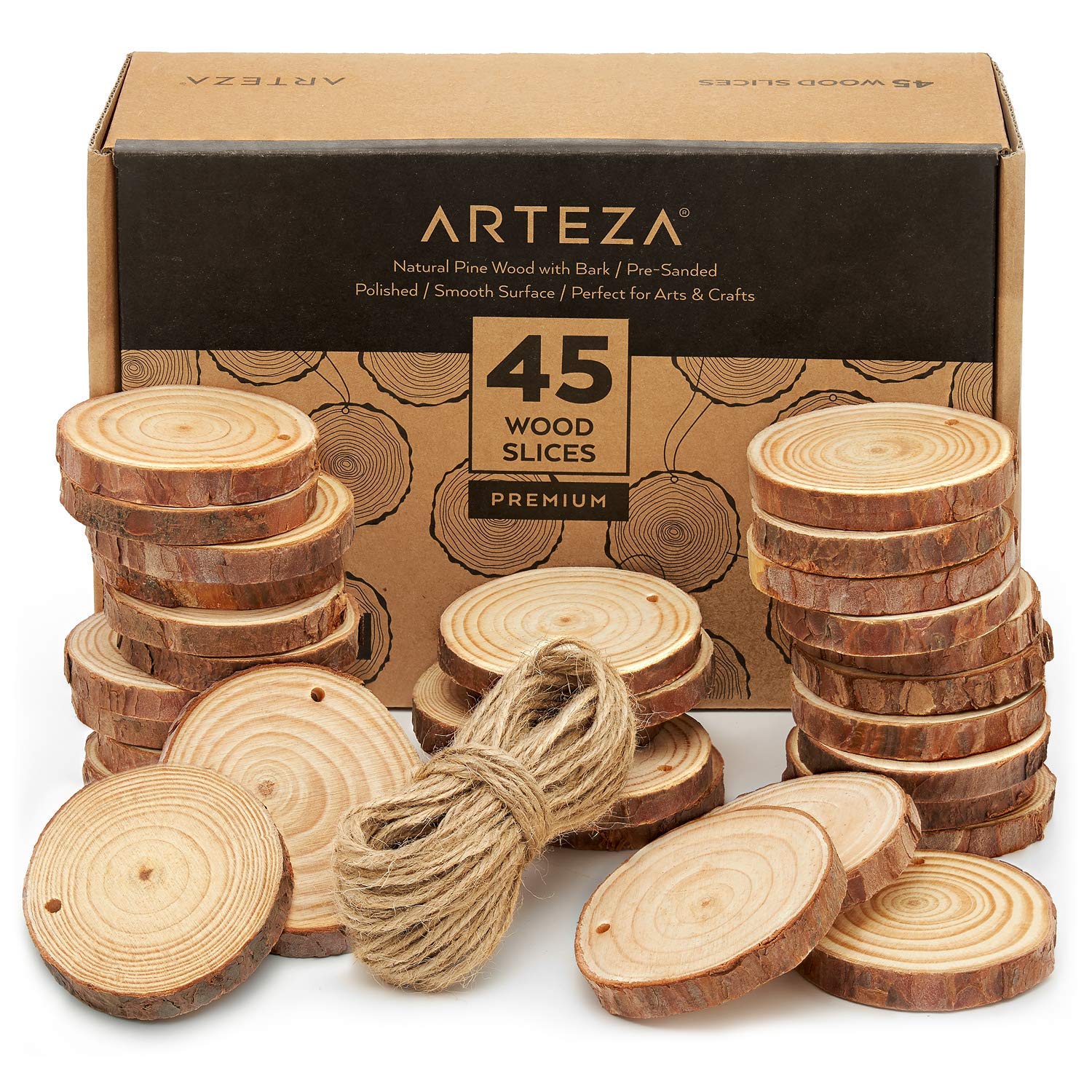 ARTEZA Wood Slices (45 Pieces) with Bark Natural Unfinished Pine 2.4"-2.8" Diameter Smooth Beautiful Sanded Surface Includes 50' of Natural Jute Twine for Arts, Crafts, Weddings, Ornaments, DIY
