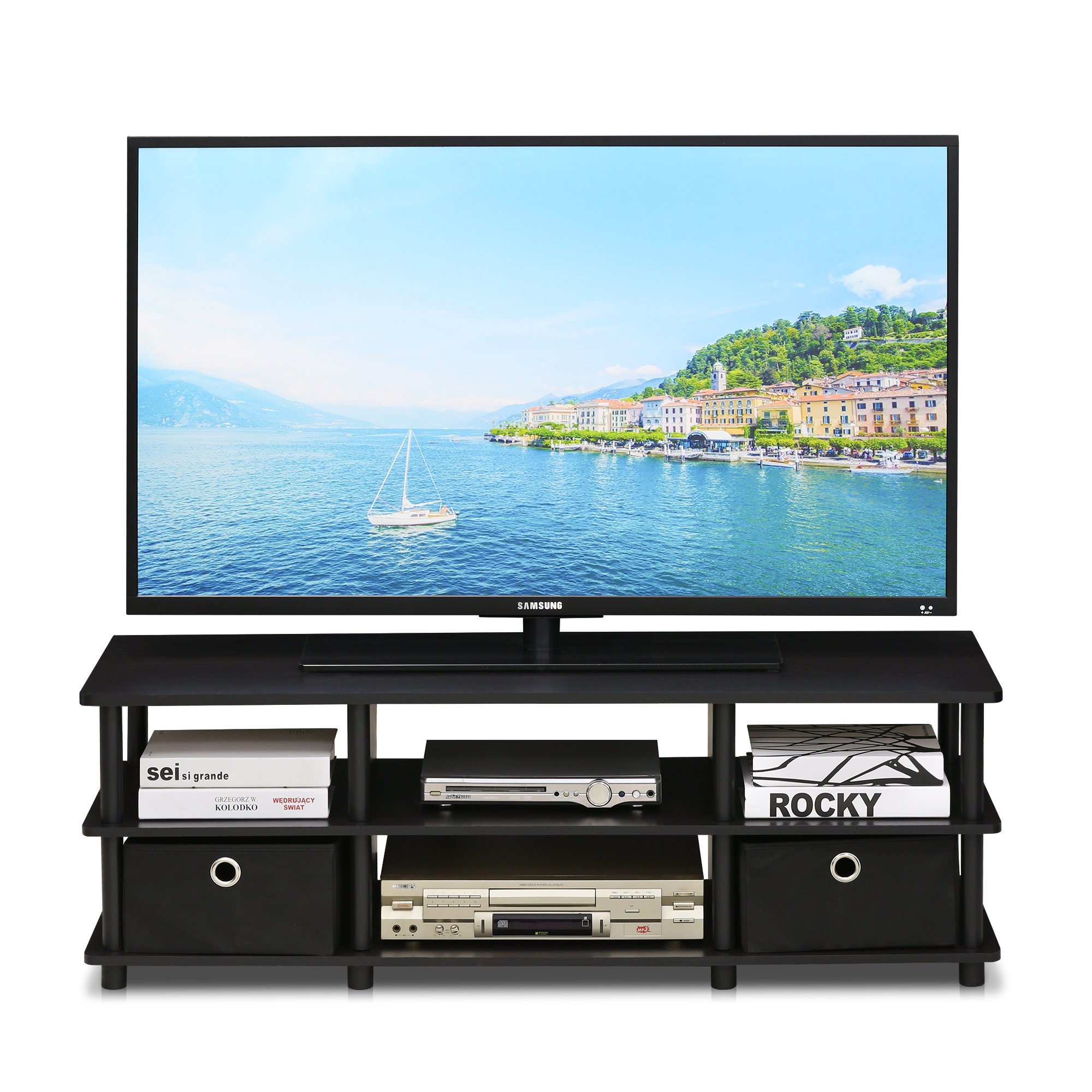Furinno ECON TV Stand, 3-Tier Open Shelf Entertainment Center, TV Console with Storage Bins, Open Frame for Cable Management, Toolless Assembly, for Living Room, Bedroom, Espresso